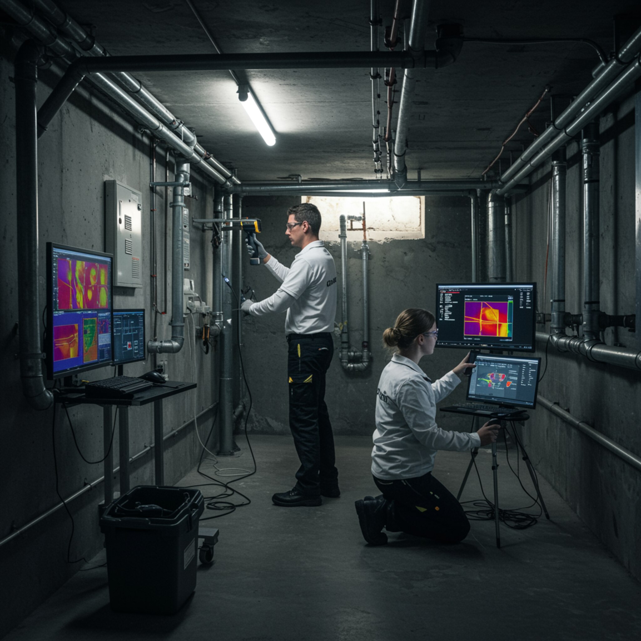 "Inspectores técnicos en un sótano utilizan sensores acústicos y cámaras térmicas para detectar fugas en tuberías ocultas, con monitores digitales que muestran mapas de calor y lecturas acústicas."