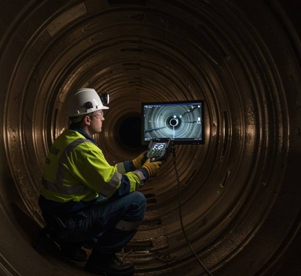 "Técnico de fontanería observando en un monitor la inspección de tuberías con cámara de alta definición, mostrando detalles del interior del desagüe."