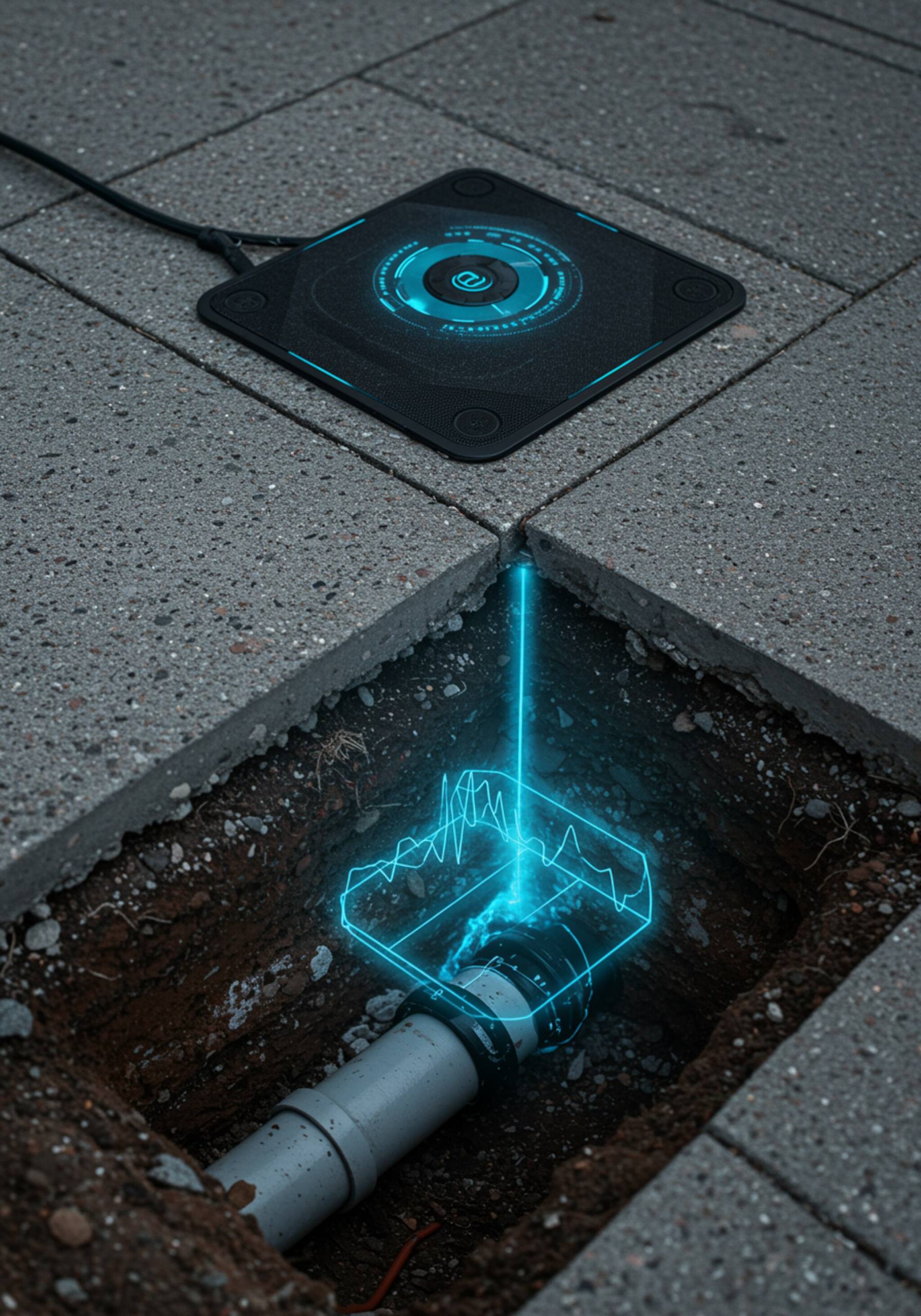 "Gráfico fotorealista de un concepto de detección no invasiva, mostrando una acera con un sensor que escanea una tubería subterránea iluminada en azul, destacando texturas de concreto y suelo."