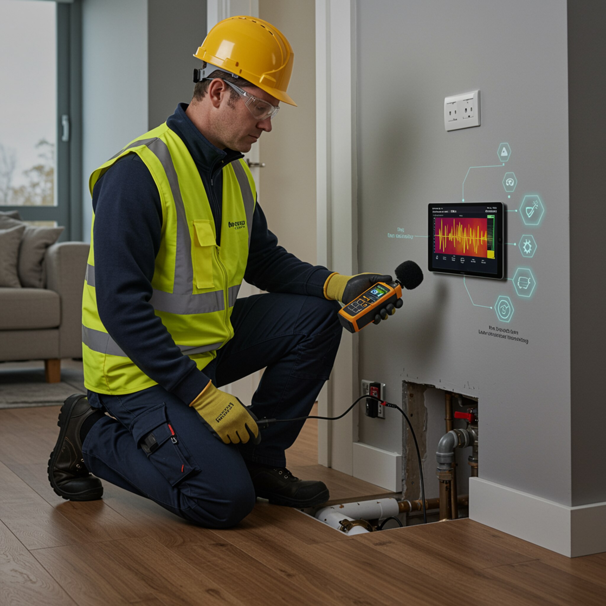 imagen5 1 "Técnico masculino en un interior residencial moderno utilizando tecnología avanzada de detección de fugas de agua, con micrófono acústico y tablet digital."