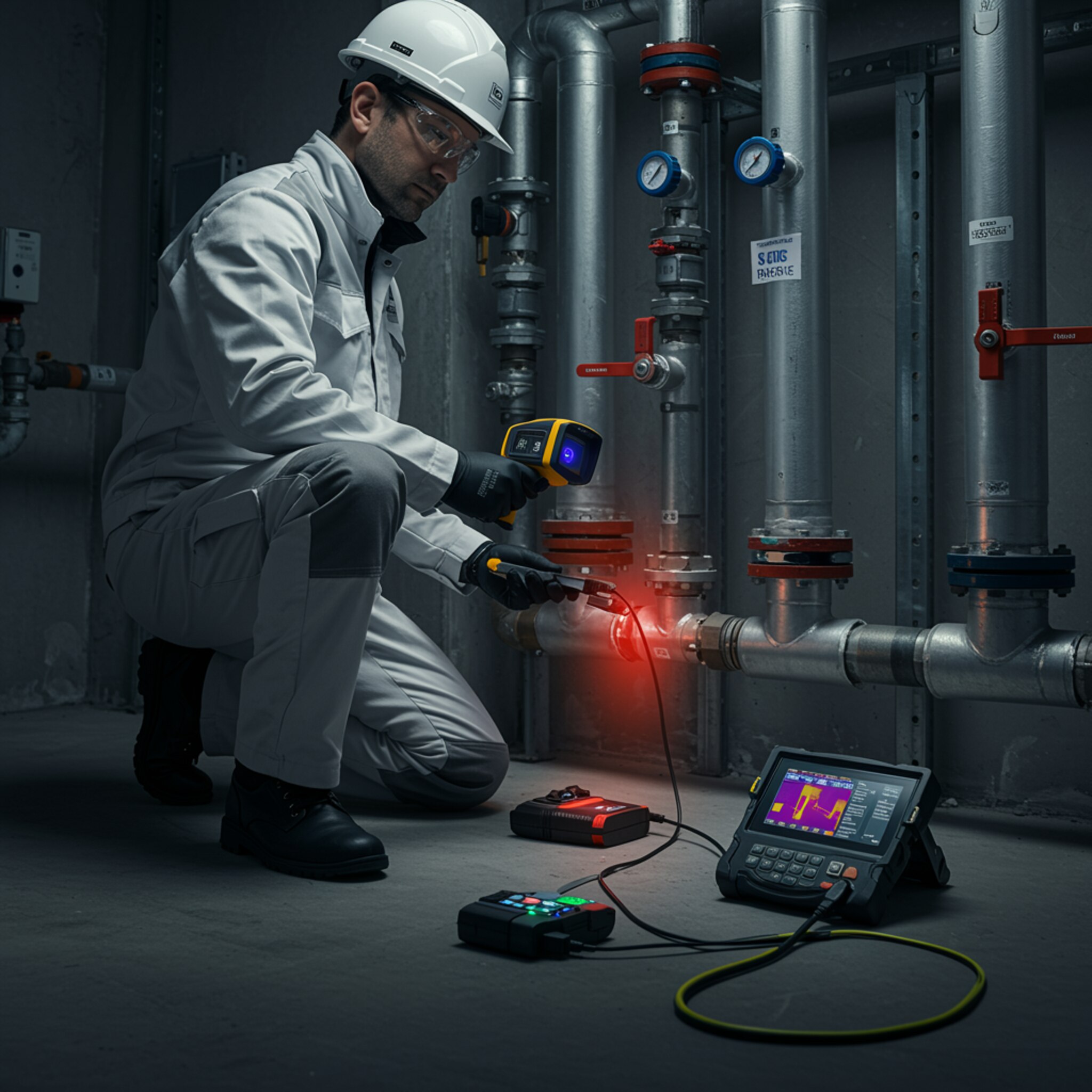 imagen5 2 "Técnico en uniforme moderno utiliza sensor de detección acústica y cámara térmica para identificar fugas de agua en una sala mecánica bien iluminada, destacando tecnología avanzada y precisión en mantenimiento industrial."
