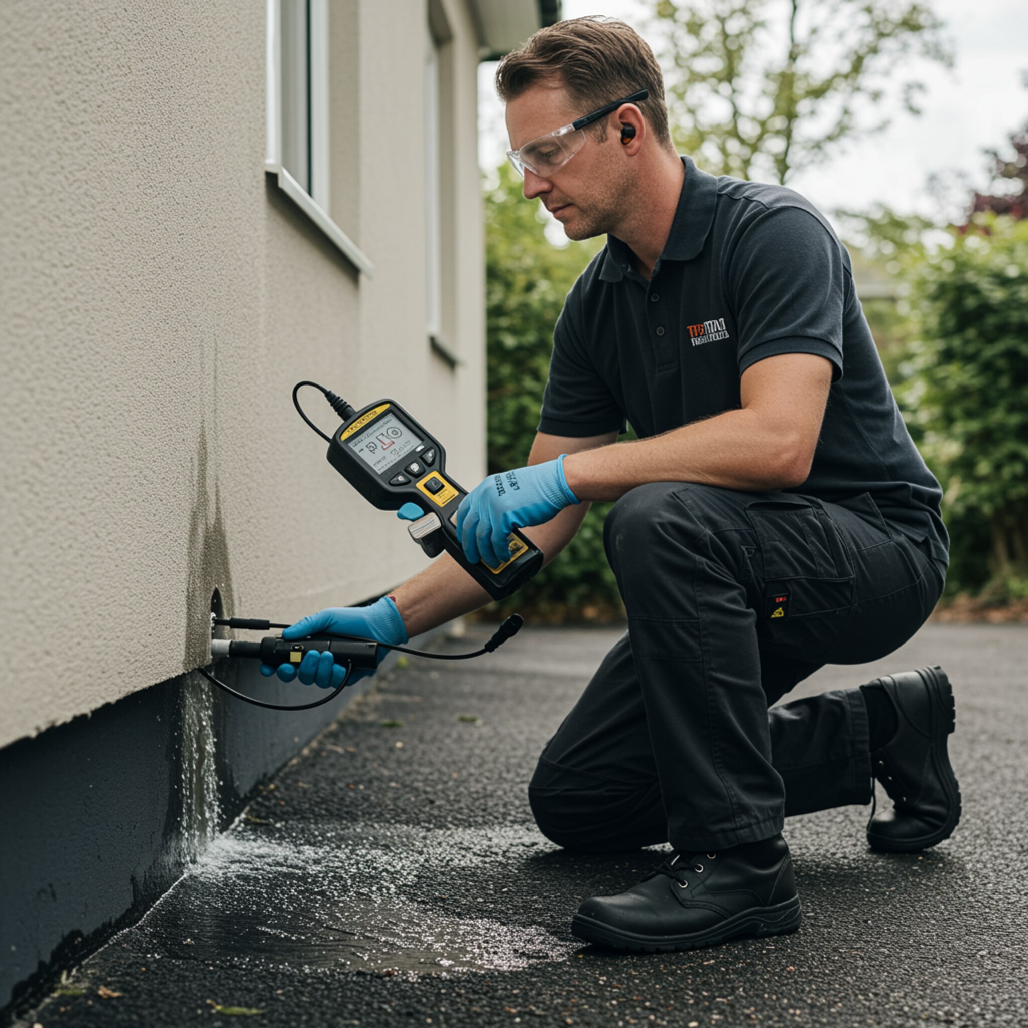 imagen5 3 "Técnico blanco con uniforme de marca usando un dispositivo de detección de fugas de agua en un edificio residencial, en un proceso no invasivo con detalles de humedad visibles, bajo luz natural."