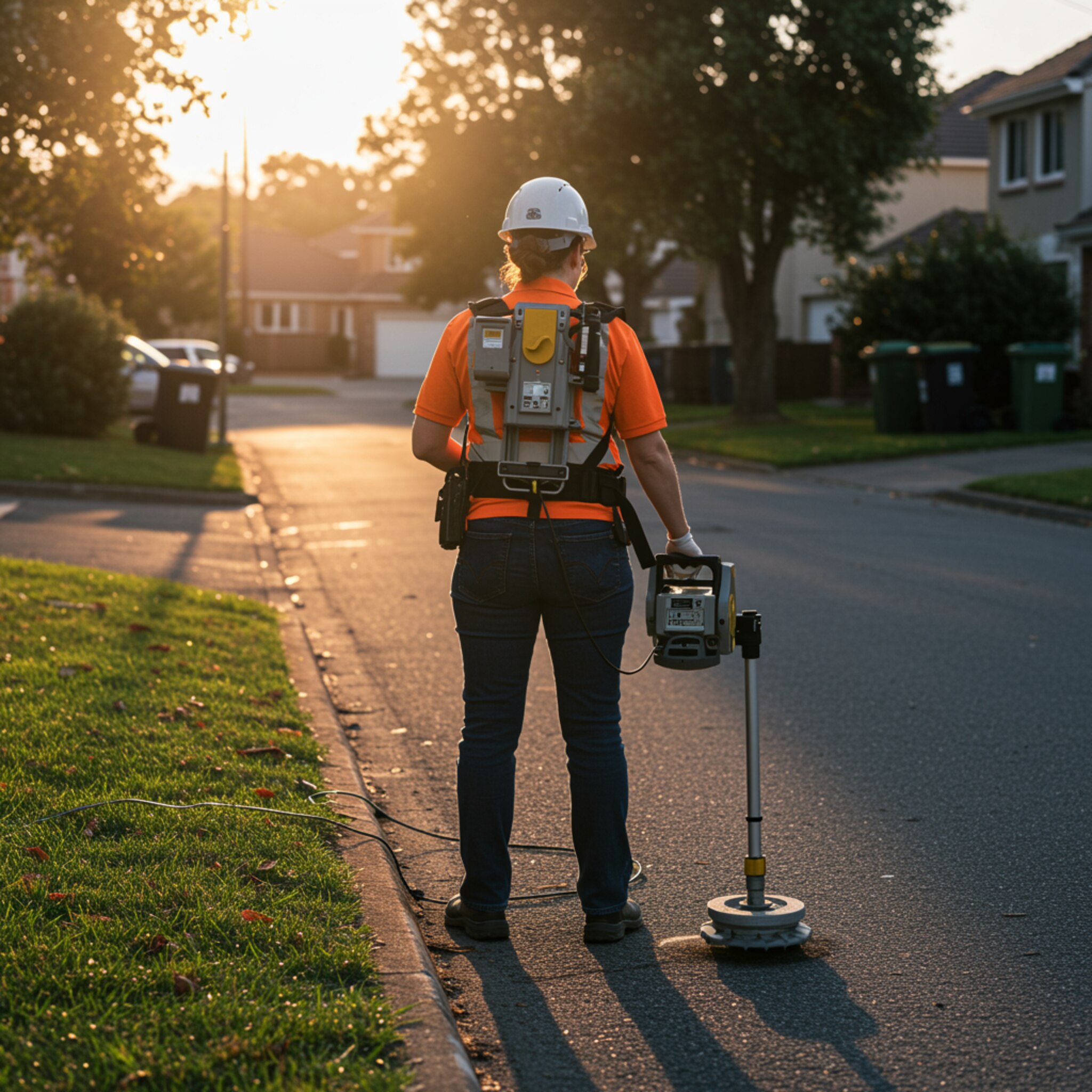 "Técnica blanca utilizando un radar de penetración terrestre para detectar fugas de agua en una calle suburbana bajo la luz del sol del sur."
