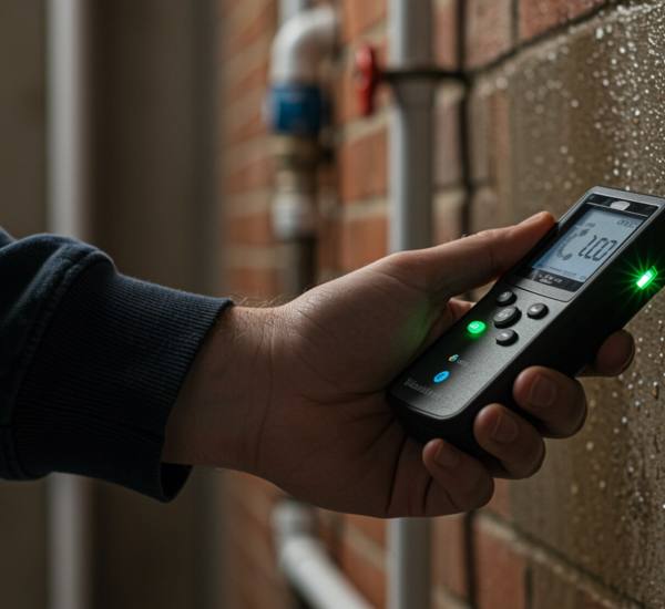 "Técnico masculino usando un sensor acústico de fugas en una pared de concreto húmedo, destacando la precisión en la detección de fugas de agua sin causar daños."
